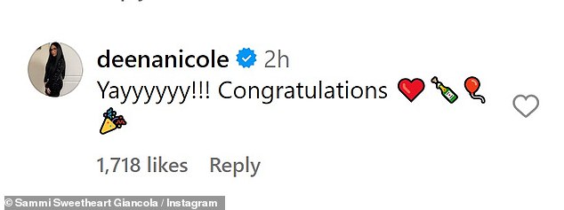 Deena Cortese acrescentou: ‘Oba!!!  Parabéns' com emoji de coração vermelho, emoji de garrafa de champanhe e emoji de balão vermelho