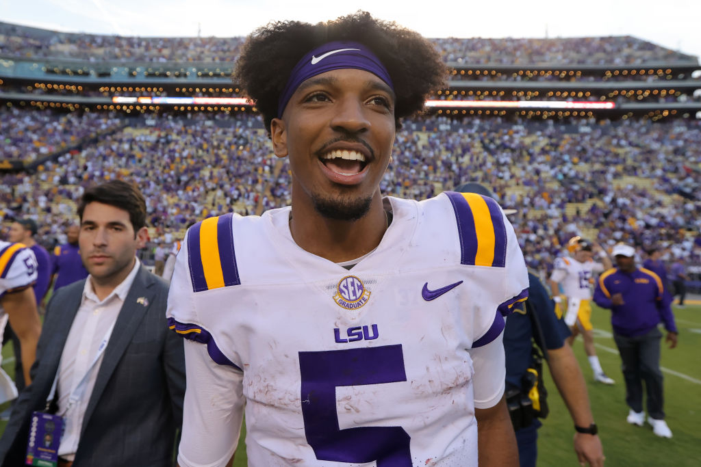 Jayden Daniels #5 of the LSU Tigers after they beat Ole Miss 