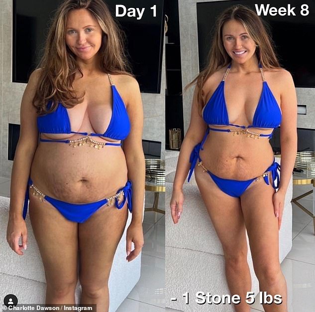 Charlotte Dawson, 31, exibiu sua incrível perda de peso de 5 libras enquanto se preparava para preparar o corpo do biquíni para as férias, oito meses após o parto, na última postagem do Instagram no sábado.