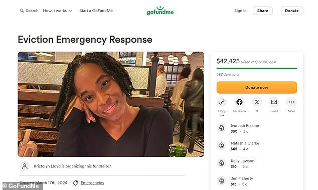 Kristolyn Lloyd criou sua página GoFundMe de 'Resposta de Emergência de Despejo' em 17 de março e rapidamente ultrapassou sua meta original de US$ 15 mil por meio de 587 doações, apesar de acreditar que isso arrecadaria apenas