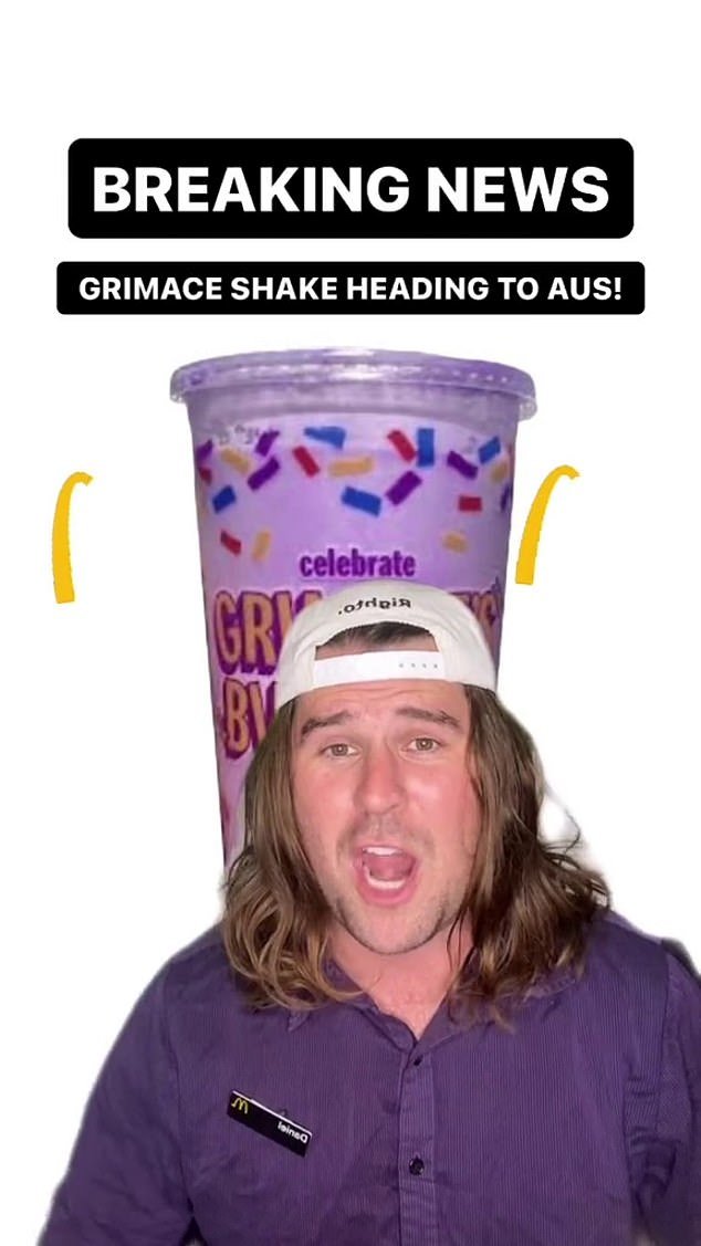 O viral Grimace Shake está chegando à Austrália, afirmou uma popular estrela do TikTok.  O famoso crítico de culinária Russ Eats (foto) compartilhou a notícia em sua página do TikTok esta semana, dizendo a seus fãs que o milkshake roxo do McDonald's chegará em breve lá embaixo