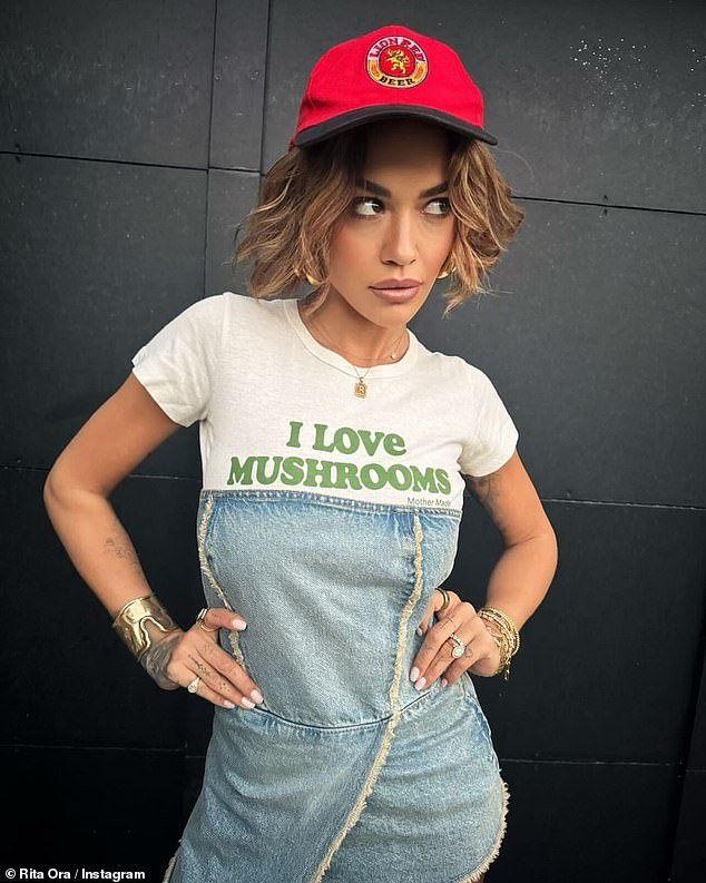 Rita Ora levanta as sobrancelhas ao modelar uma camiseta 'Eu amo cogumelos' enquanto promove sua coleção Primark para toda a família em um anúncio do Instagram na sexta-feira